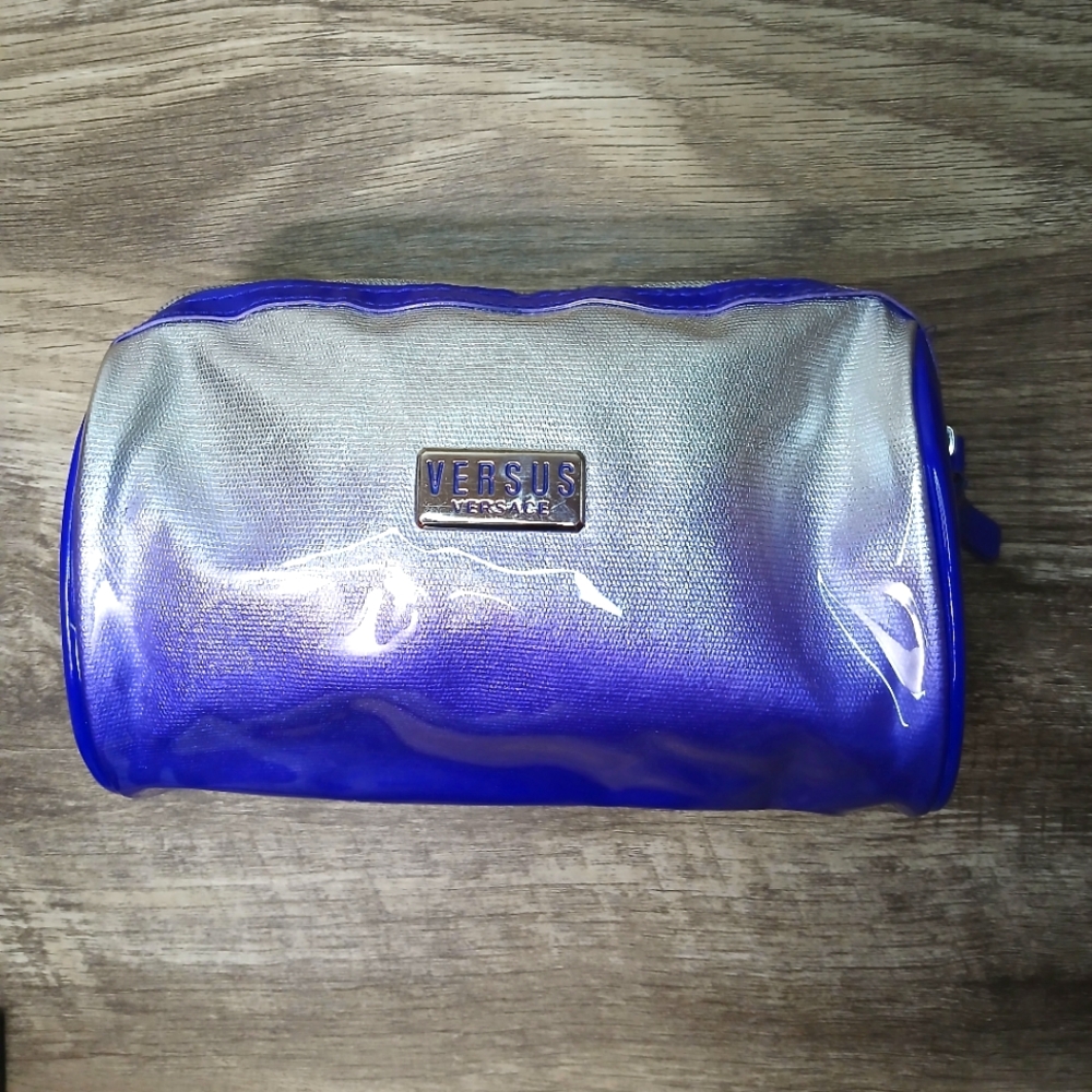 Versace Vibrant Blue Cosmetic Case with Glossy Finish and Cylindrical Shape